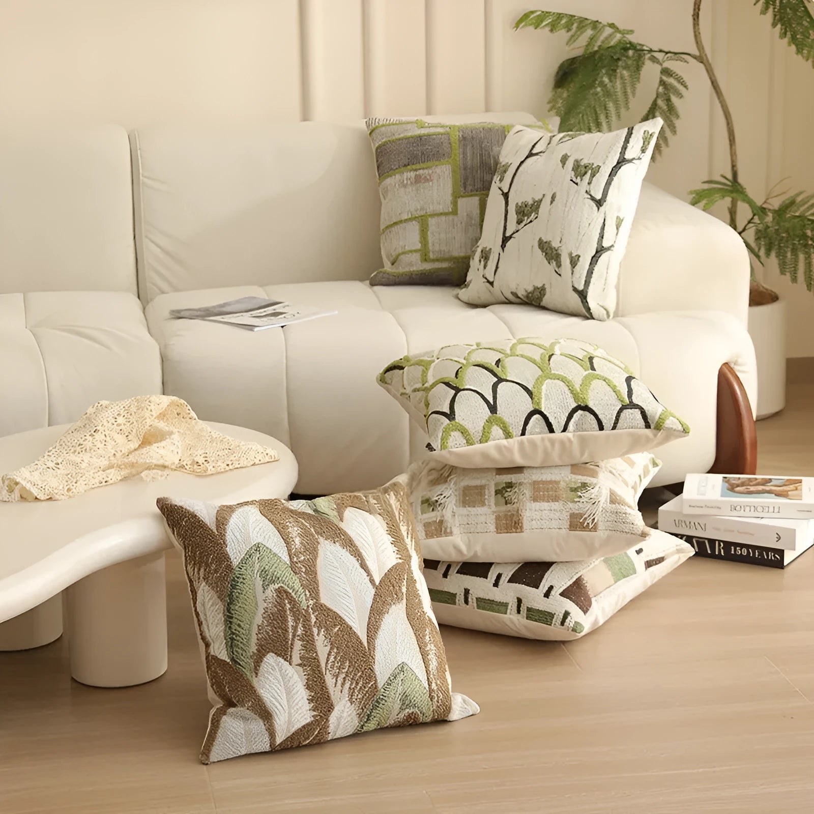 Square jacquard pillow cover with retro botanical pattern, shown in one of eight colour options.