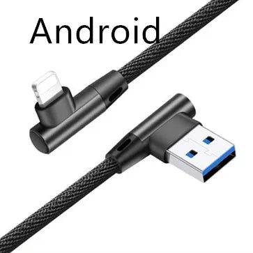 Denil fabric braided USB fast charging cable with aluminium alloy connectors in black and blue.