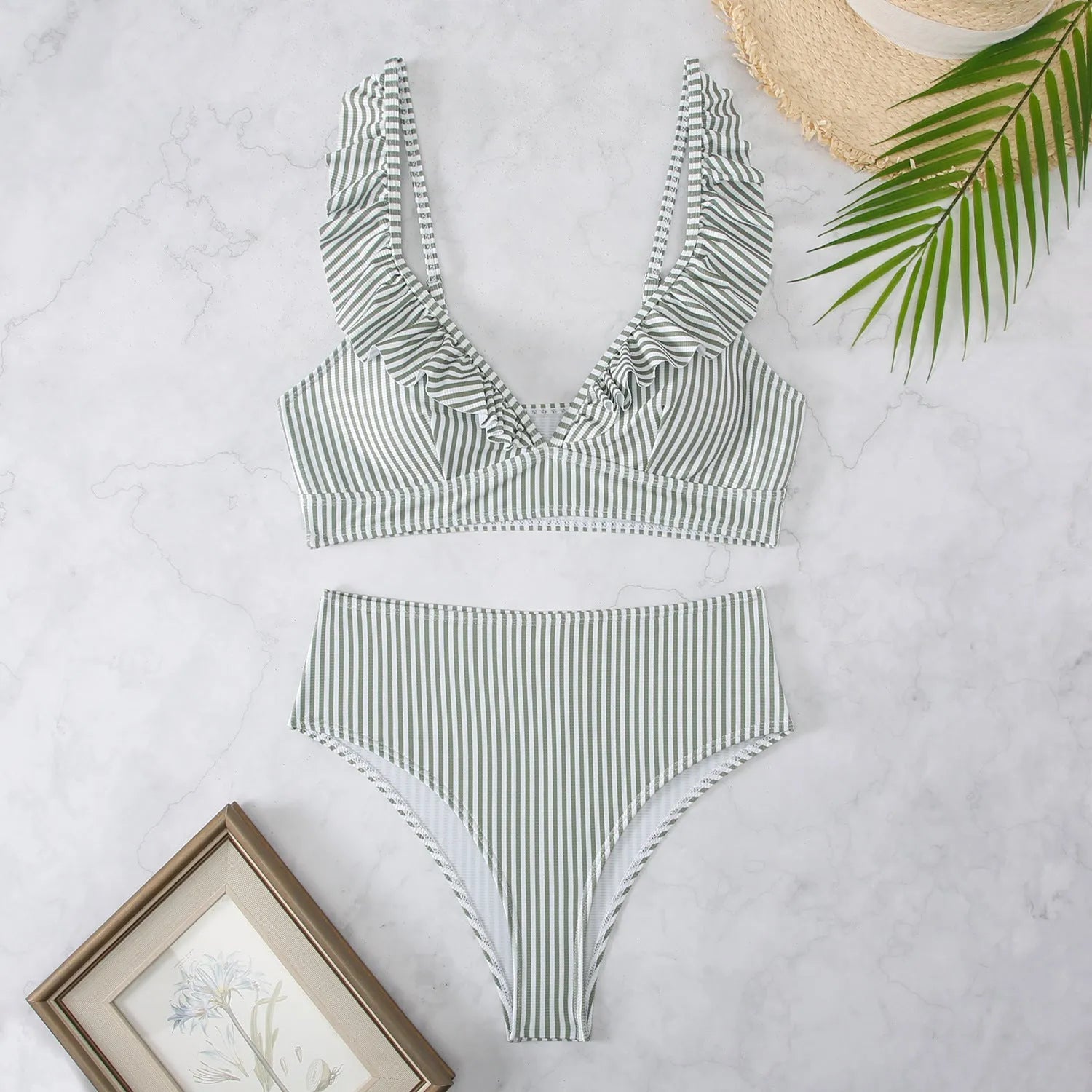 Women's striped split-chest bikini swimwear in polyester fabric with quick-drying properties