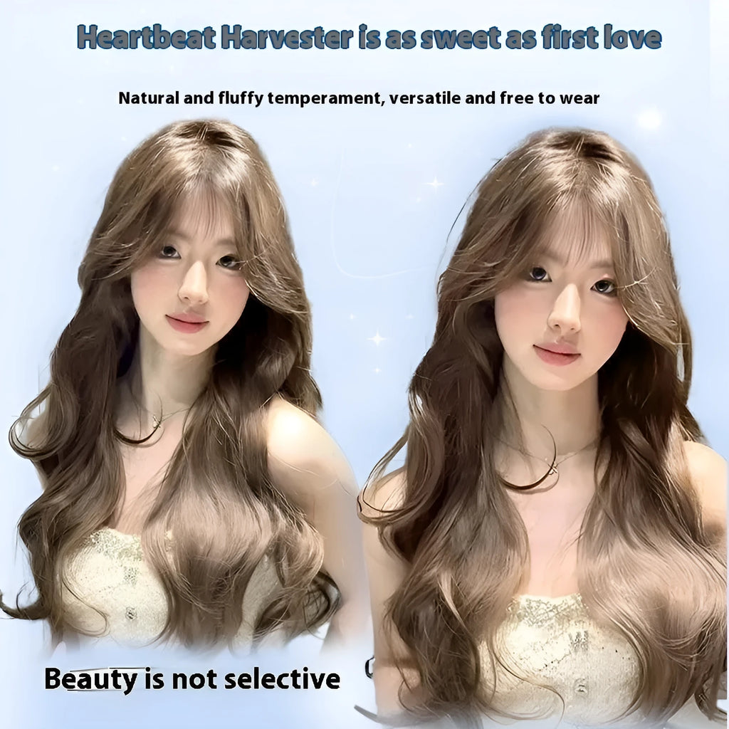 Long curly hazelnut grey brown big wave wig with five piece care set for ladies daily wear
