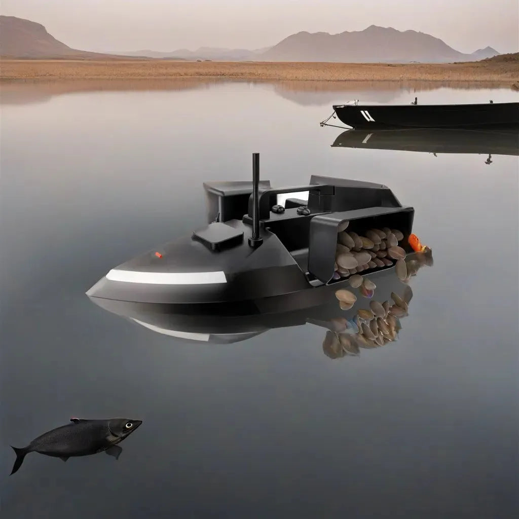 V020 GPS remote control fishing boat in luminous yellow on water, showing remote controller and handbag.