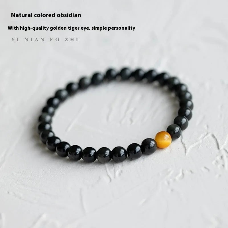 Black obsidian bracelet with 10mm geometric beads in Korean luxury style