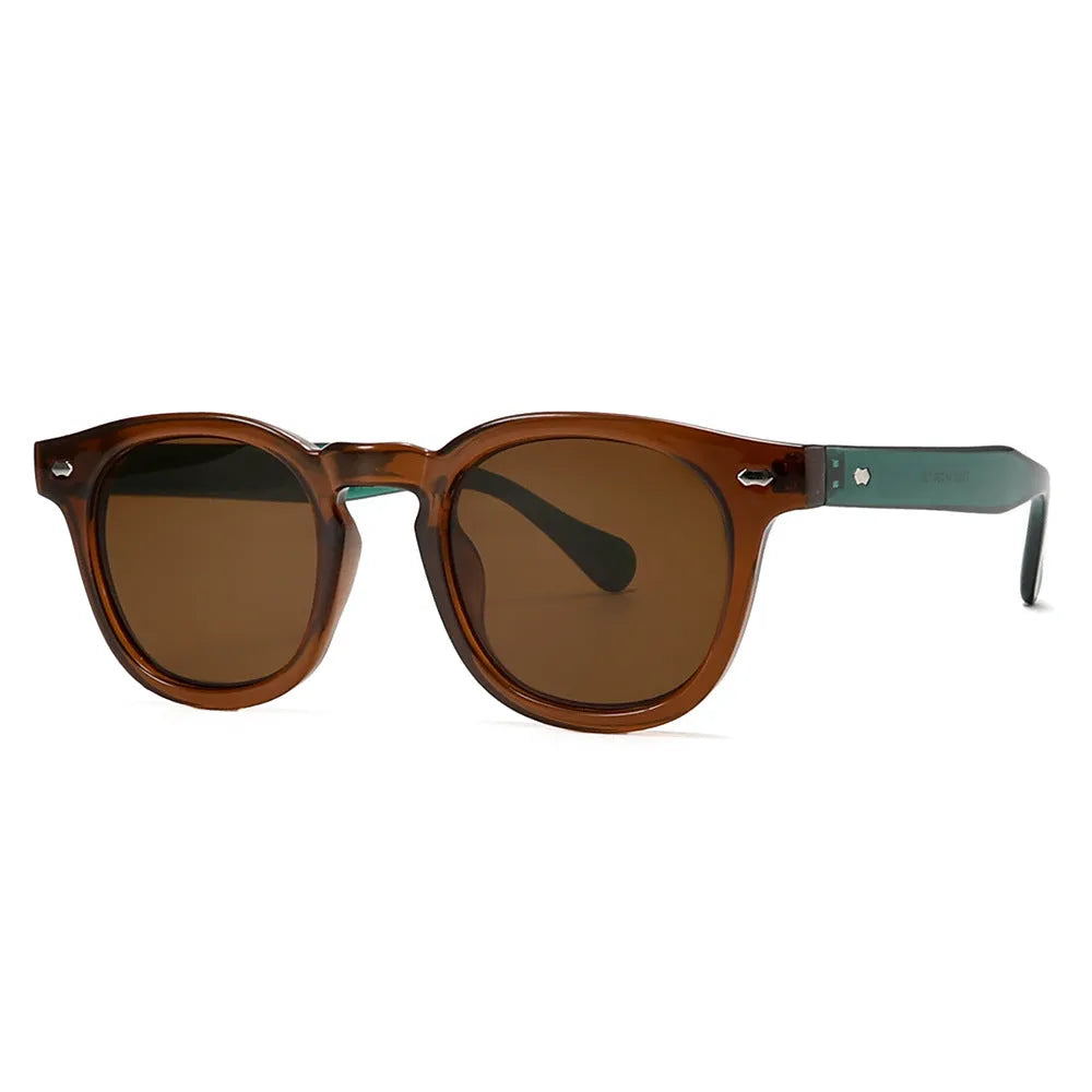 Simple round rim retro sunglasses on a plain background showing bright black frame with blue lenses.