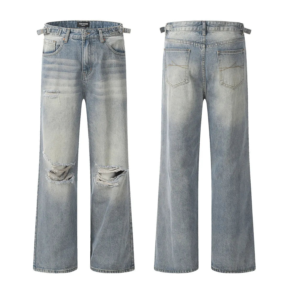 Men's blue straight-leg jeans with distressed ripped details and a zipper fly.