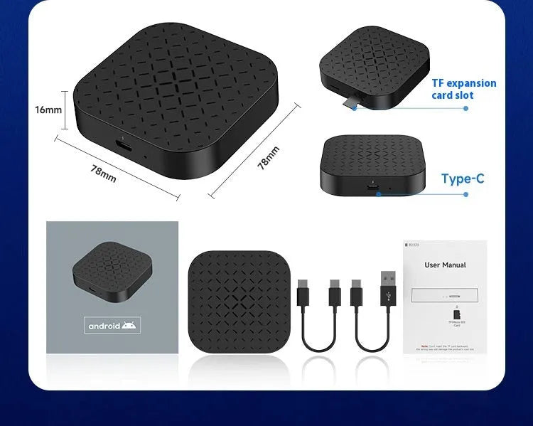 Black ABS PC CarPlay wireless adapter box with two data cables for wired car systems