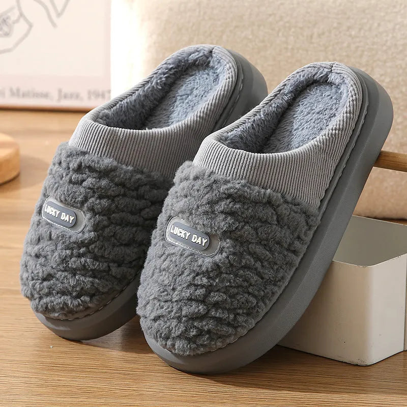 Men's plaid winter slippers with rabbit hair upper and thick EVA sole in brown colour