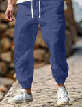 Men's straight-leg cotton linen summer trousers with elastic waist in apricot colour.