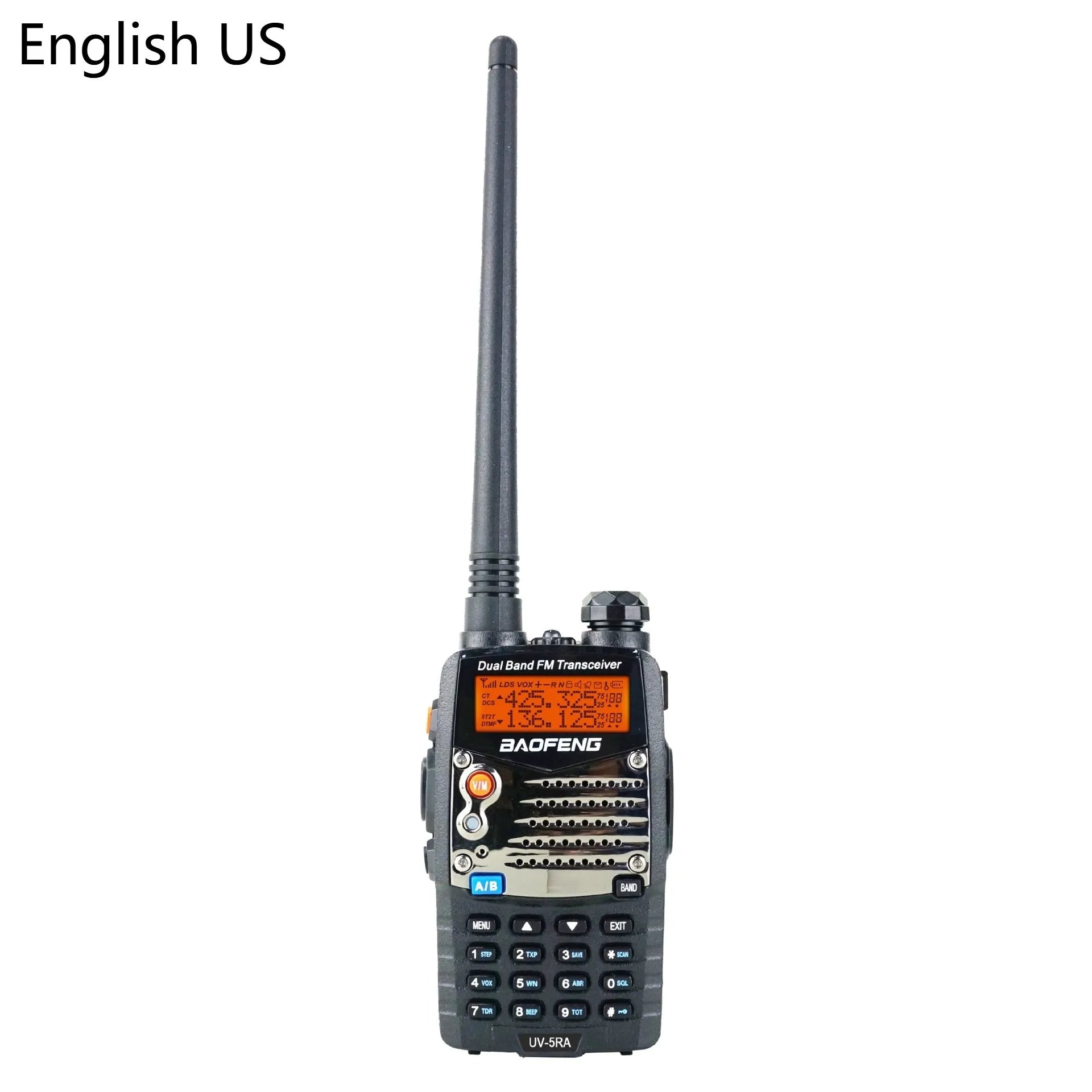 Baofeng UV-5RA dual-band walkie talkie with dual display screen showing two channel frequencies