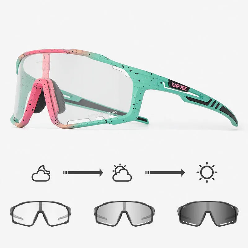 Photochromic cycling sunglasses with a TR90 semi-rimless frame in a unisex style.