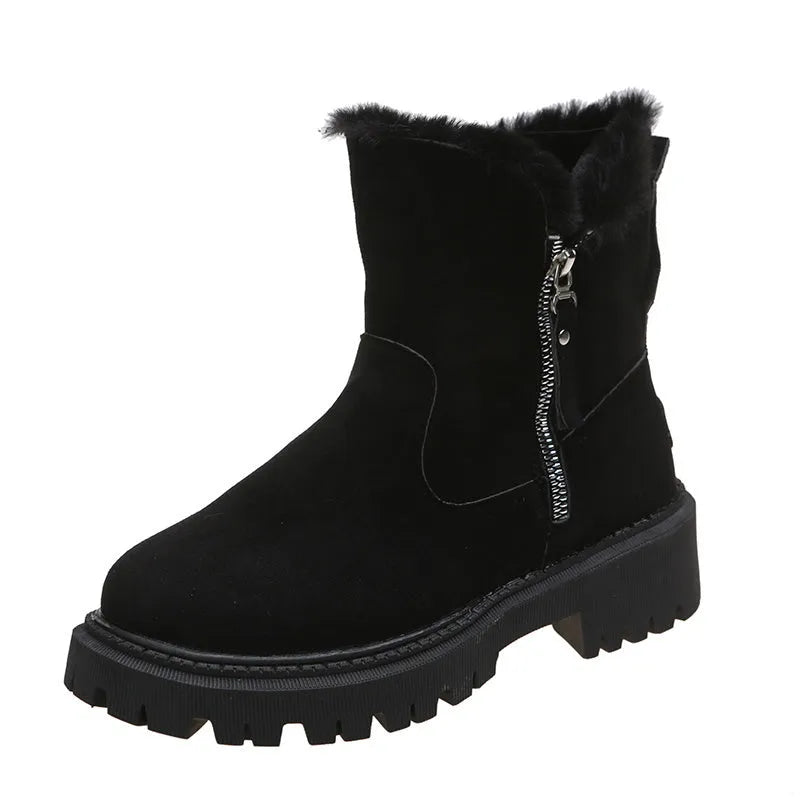 Women's black thick plush snow boots with side zipper and faux suede upper on a non-slip rubber sole.