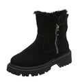 Women's black thick plush snow boots with side zipper and faux suede upper on a non-slip rubber sole.