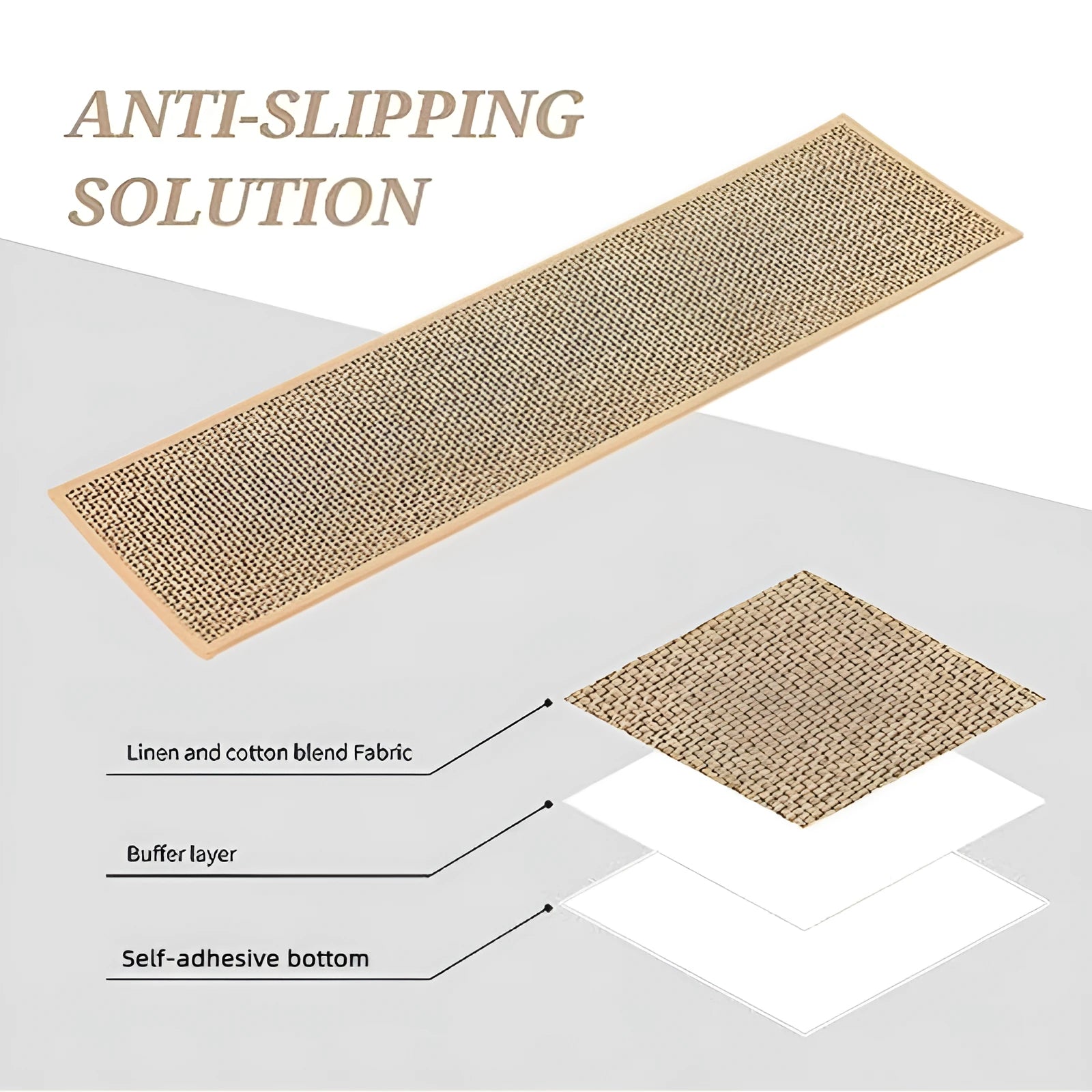 Japanese-style linen-look stair mat in camel colour with rubber bottom, 20cm wide by 76cm long