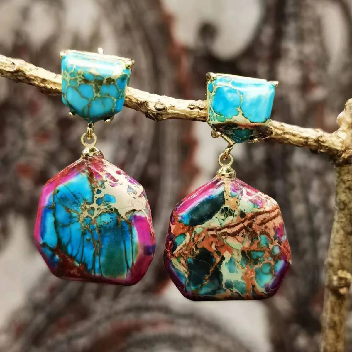 Emperor stone geometric retro ethnic style stud earrings for women, one pair, natural stone finish