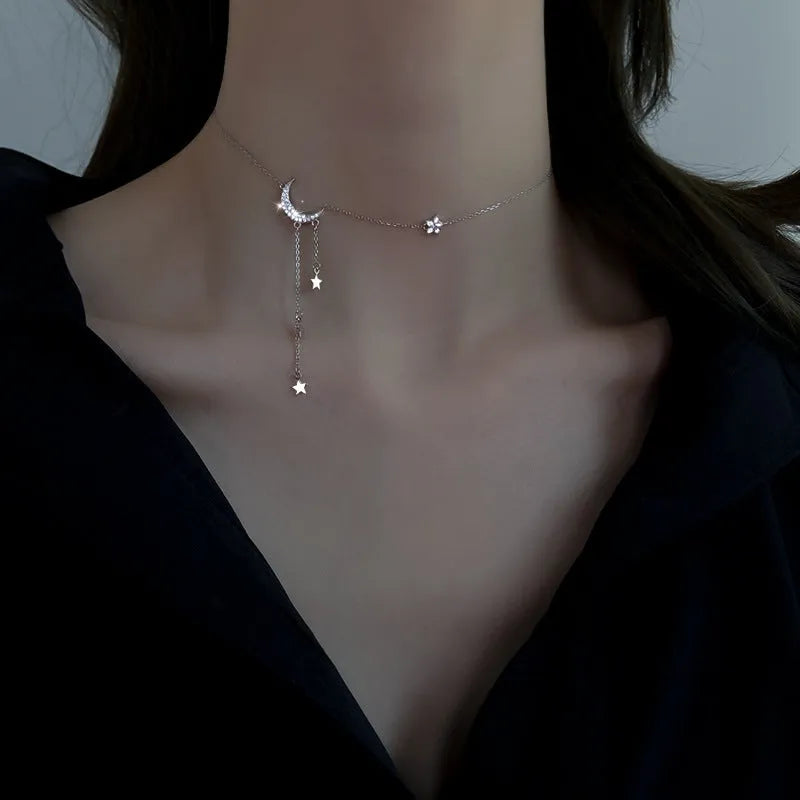 Super Fairy Moon Necklace XINGX tassel star moon pendant copper mixed gem inlay drop shape cross chain silver white