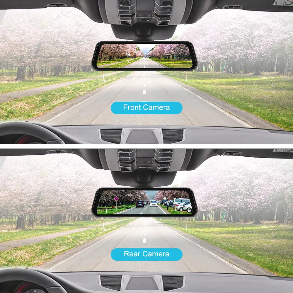 9.66-inch car dashboard camera and in-mirror video player system with wide-angle lens.