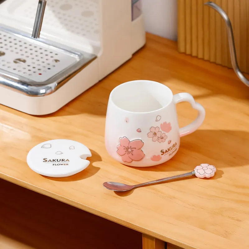 Japanese cherry blossom ceramic cup 400ml white porcelain cylindrical pink floral with lid and spoon