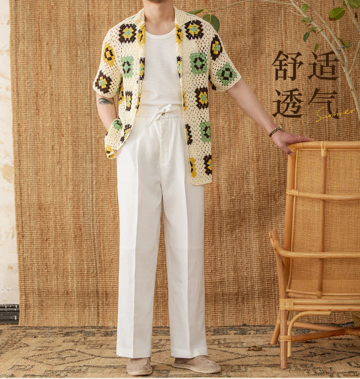 Women's linen high-waist trousers with a loose straight-leg cut and elasticated waistband in greige.