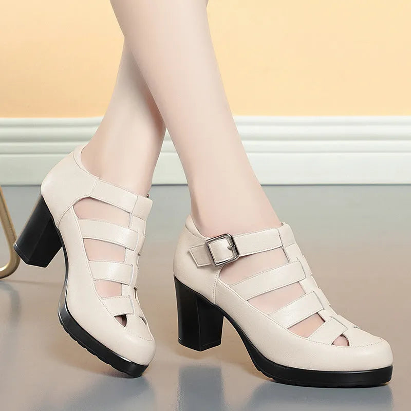 Women's closed toe sandals with chunky woven heels and adjustable ankle straps in black colour