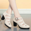 Women's closed toe sandals with chunky woven heels and adjustable ankle straps in black colour