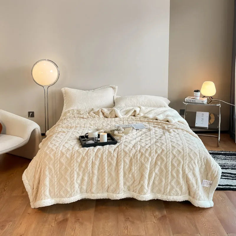 Polyester thermal flannel blanket in beige colour, sized 180cm by 200cm for winter warmth.
