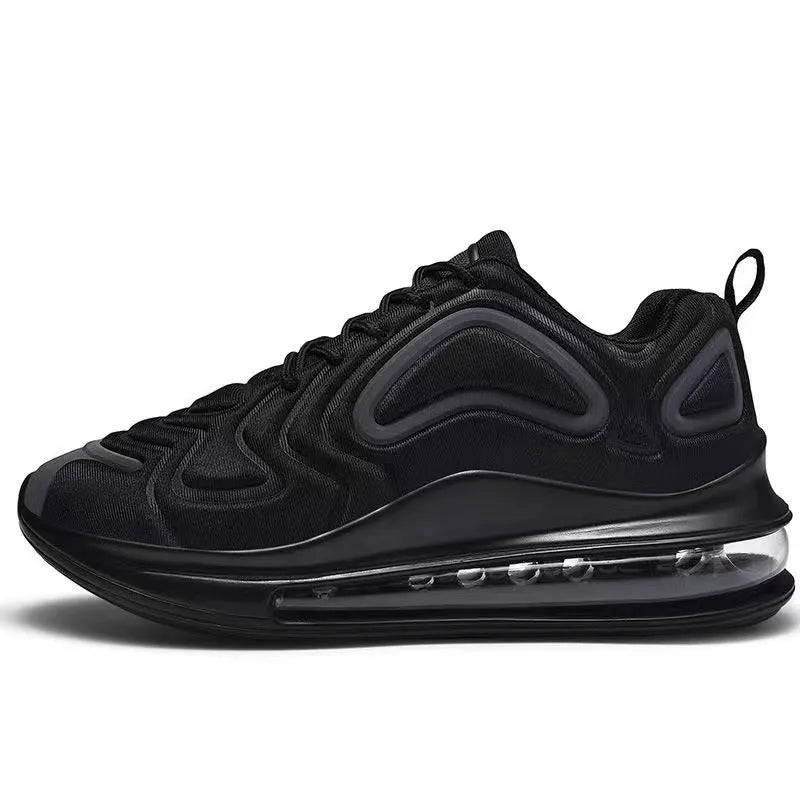 Men's black air cushion running sneakers with white accents and a thick sole on a white background.