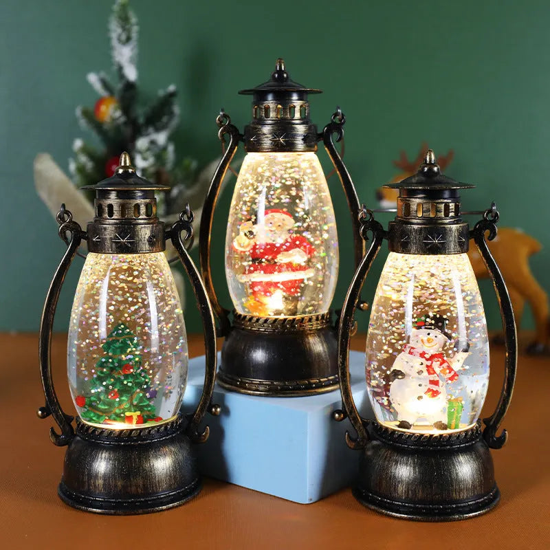 Portable plastic Christmas desk decoration featuring a crystal ball light and a choice of snowman or elderly figure design.