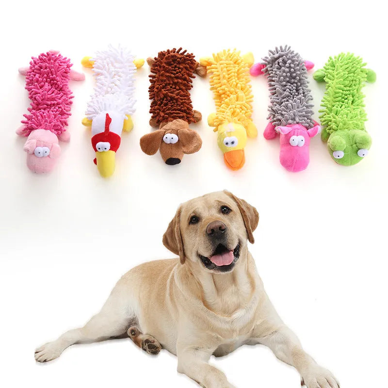 Microfiber plush dog toy with molar chew texture in six animal designs
