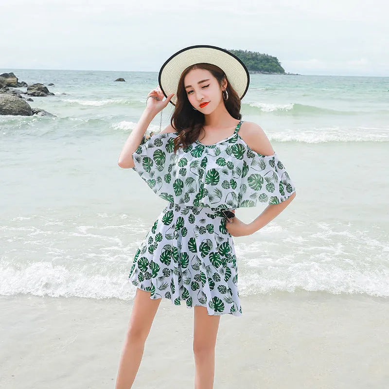 Women's green leaf printed one-piece swimsuit with polyester construction for swimming