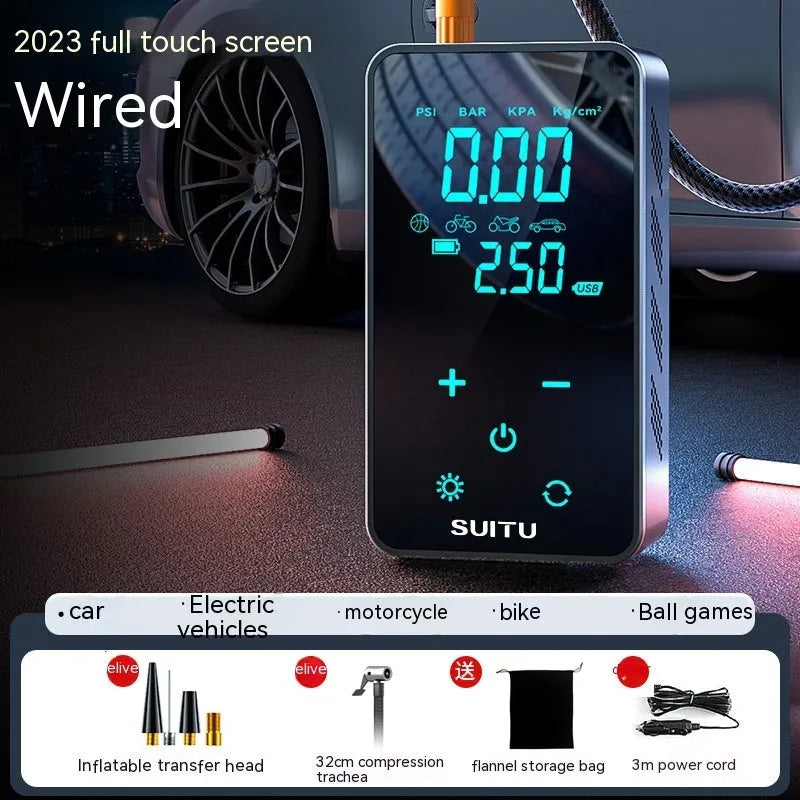 ST-9616C portable wireless car tyre inflator with LCD screen and black hose on a grey background.