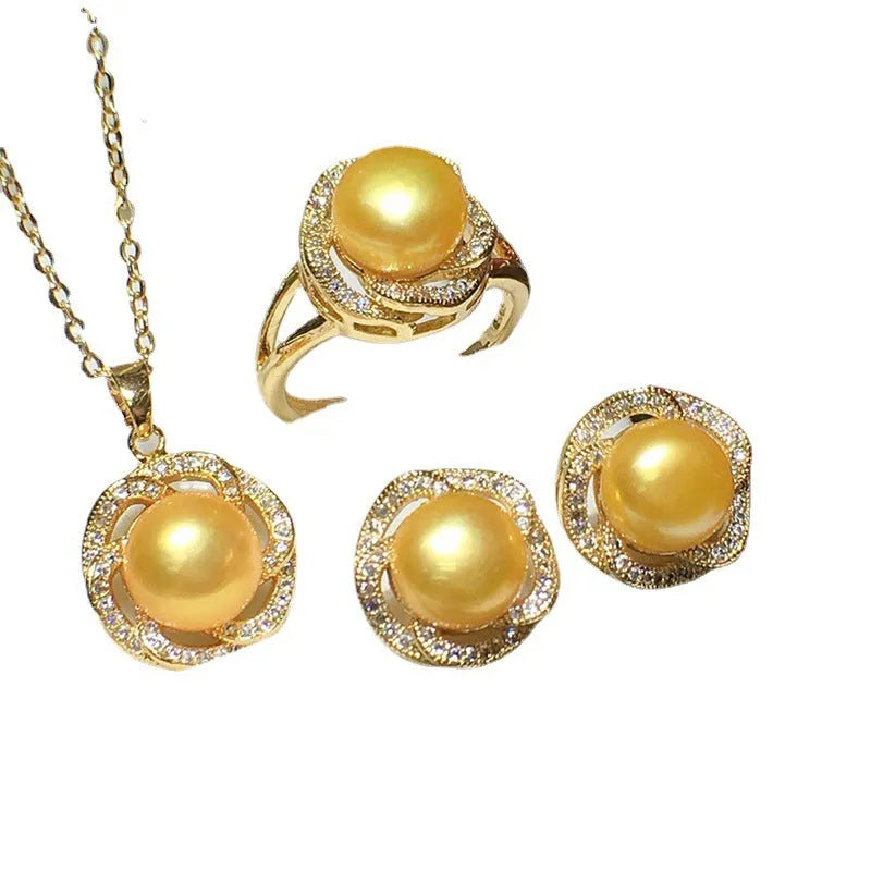 8-9mm freshwater pearl necklace, earrings and ring set with box and chain in six colours