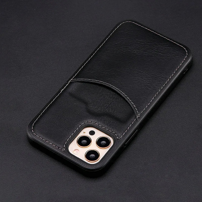 Dark blue PU leather protective case fitted on an iPhone, showing precise cutouts for camera and ports.