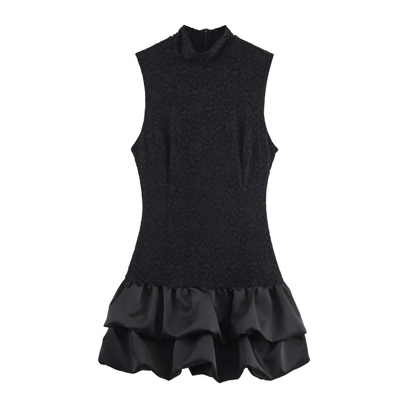 Women's black short dress with stripe and plaid pattern, lace stitching, asymmetric skirt, mid waist, cotton.