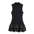 Women's black short dress with stripe and plaid pattern, lace stitching, asymmetric skirt, mid waist, cotton.