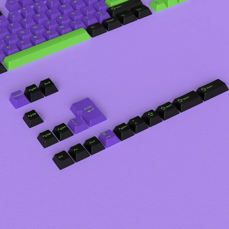 Positive engraved small full set 126 two-colour keycaps for mechanical keyboards in black and purple