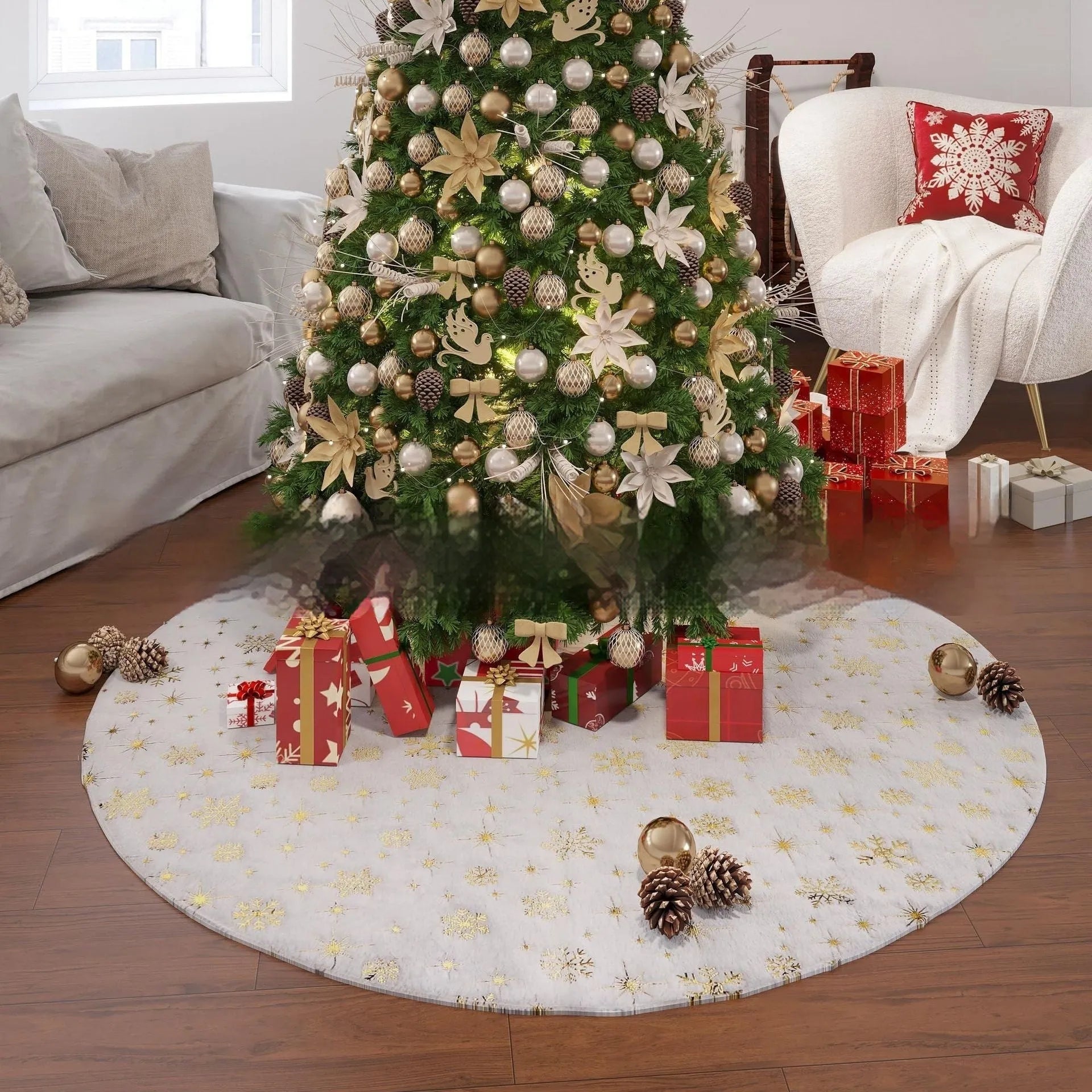 Plush Christmas tree floor mat in festive snowflake star design on wooden floor