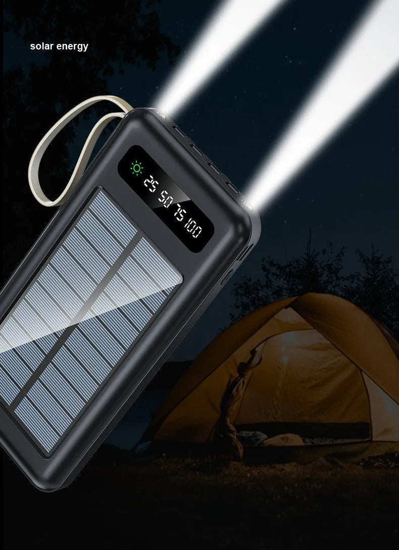 Solar Super Capacity Power Bank in black or white, showing compact size and integrated solar panel on front.