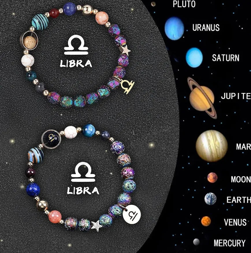 Two natural stone beaded bracelets with adjustable cords on a wooden surface, showing zodiac symbol designs.