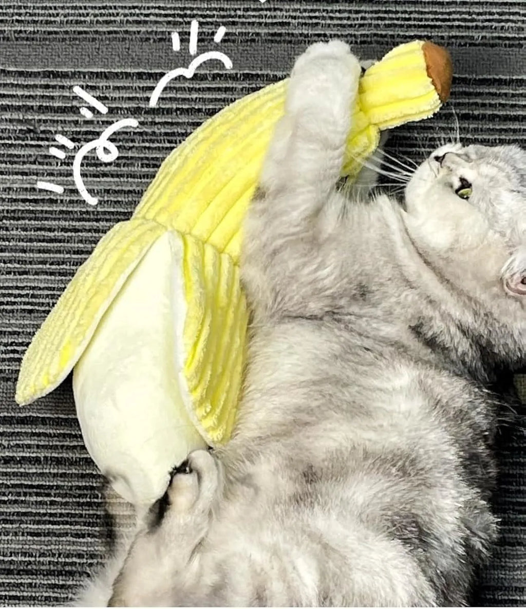 Yellow banana cat toy with crinkle paper and plush fabric for indoor cat play