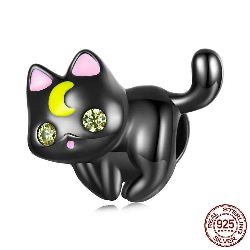 925 silver moon cat charm bead, black gold plated, 1.6cm by 1.45cm with 0.45cm hole for bracelet making