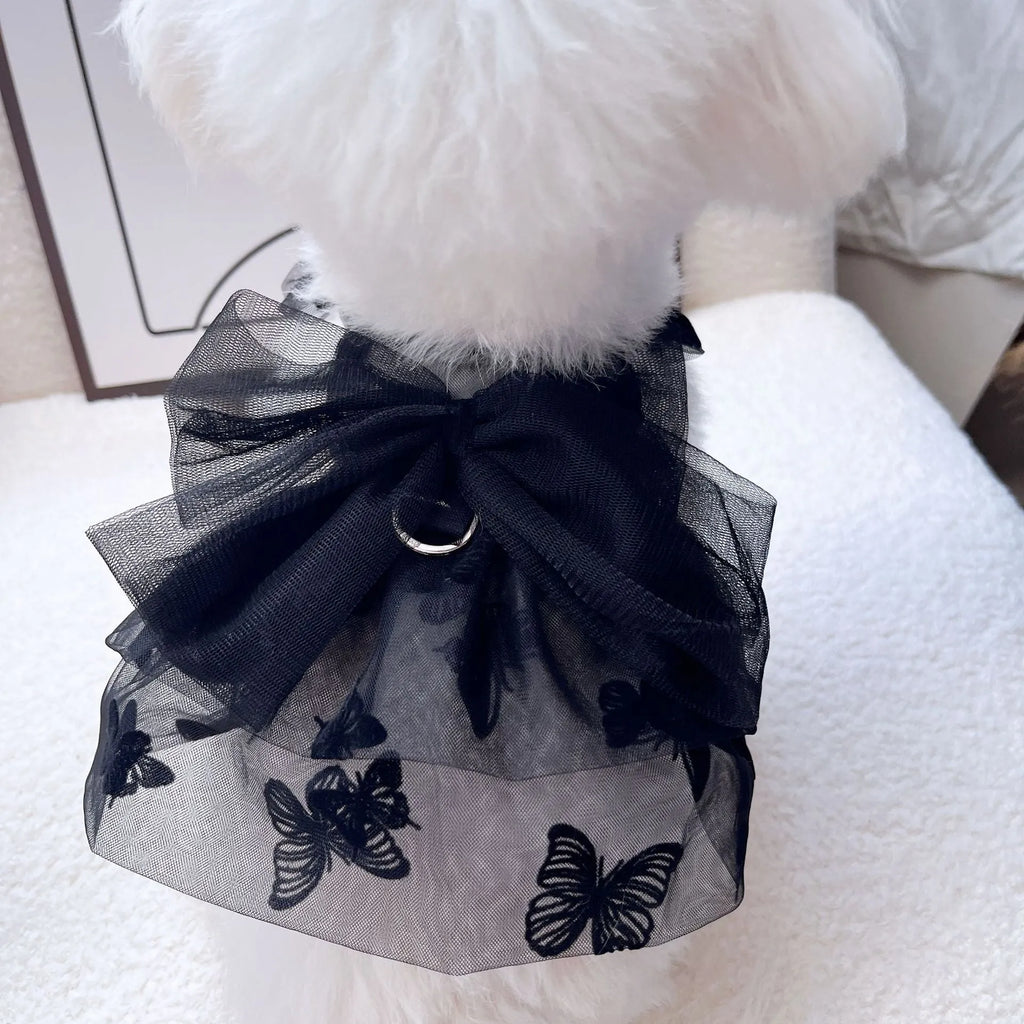 Black gauze tulle princess skirt on a small dog, showing layered design and fit.