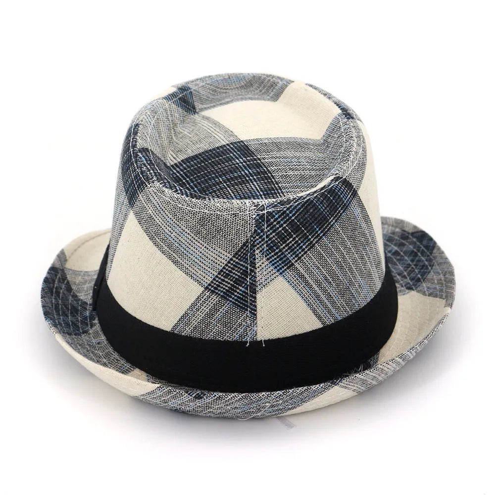 Blue bell-crown sun hat with a flat 4.5cm brim on a neutral background