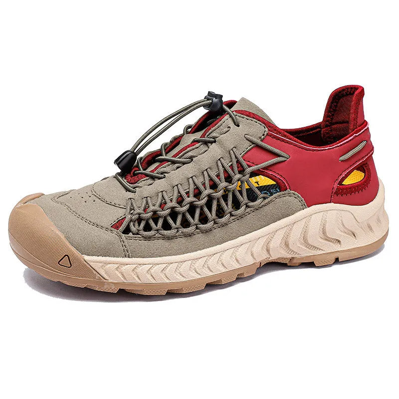 Men's grey hand-woven closed toe sandals with an elastic band and rubber sole