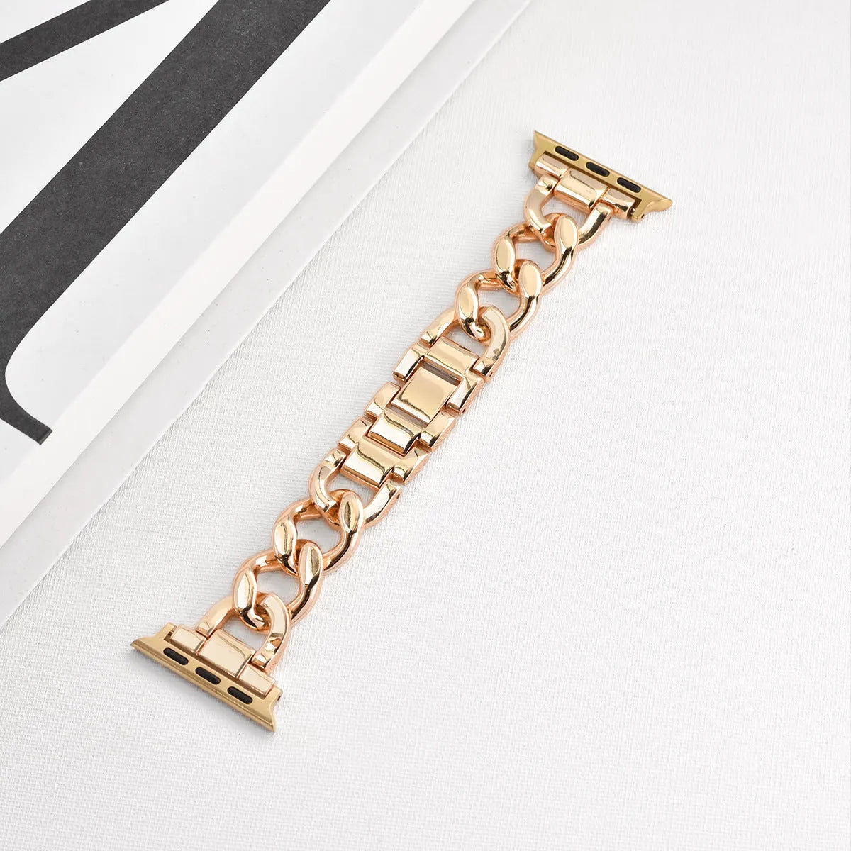 Metal denim chain design Apple Watch strap in silver, black, gold, rose gold and Starlight colours for 38mm to 49mm models.