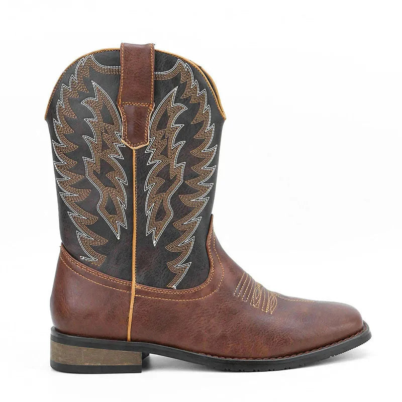 Men's black western style square toe motorcycle boots with artificial leather upper and rubber sole