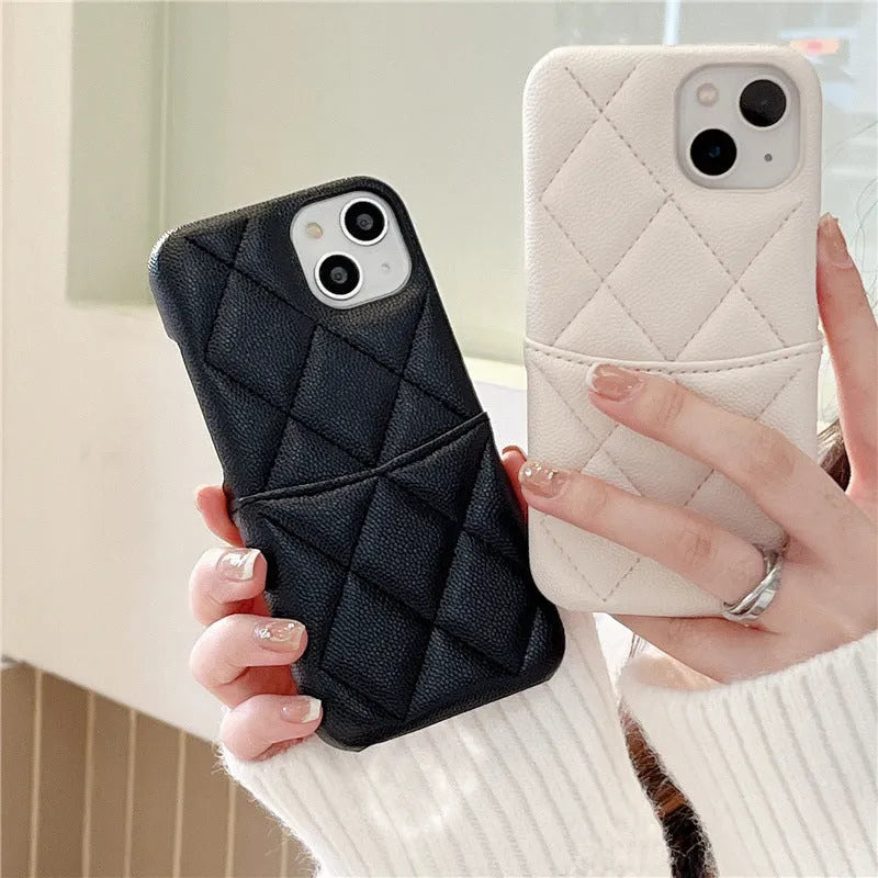 Imitation leather phone case with rhombus grid and card slot for iPhone in mint green