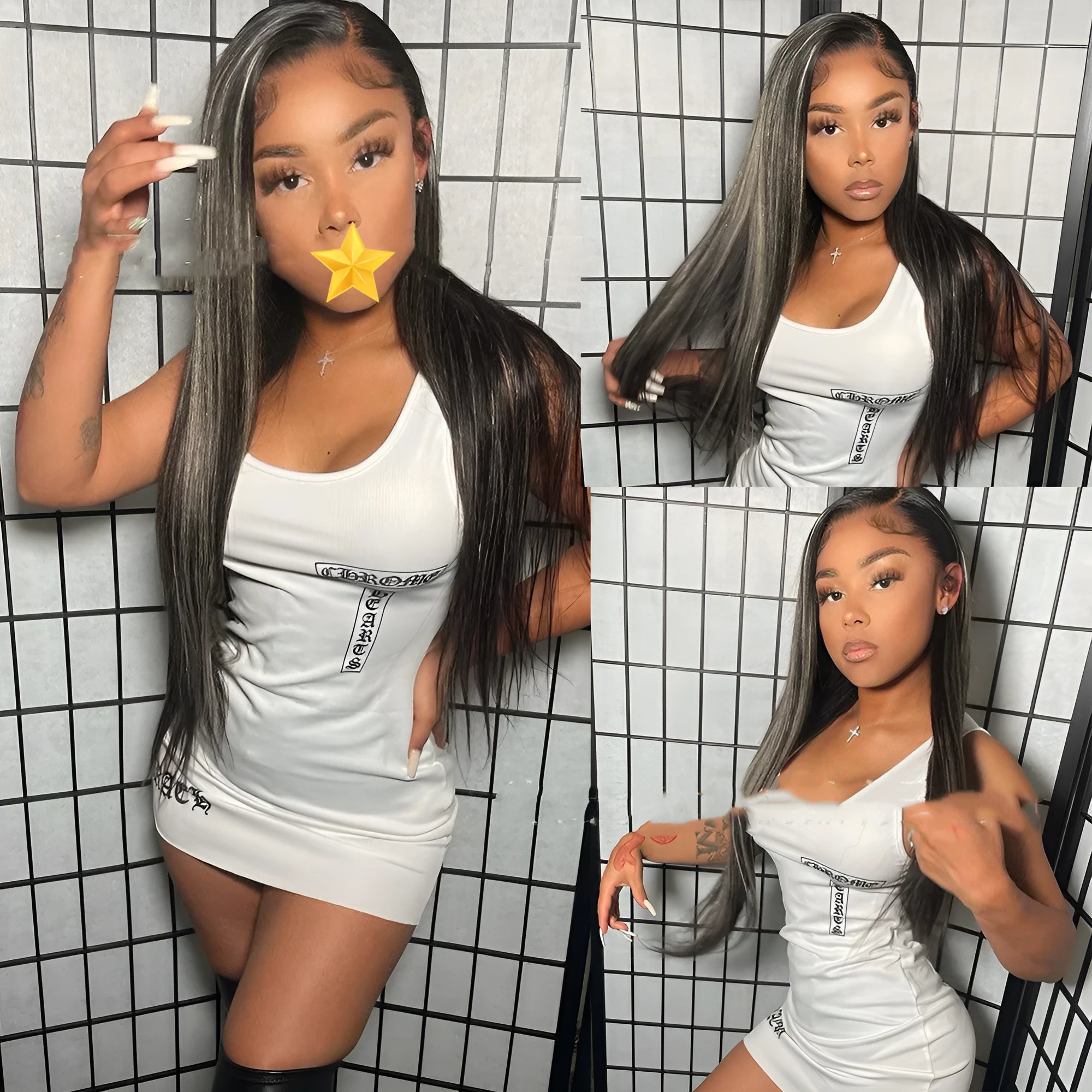 Piano color highlight P1bGrey straight human hair wig on a stand, showing natural texture and lace base