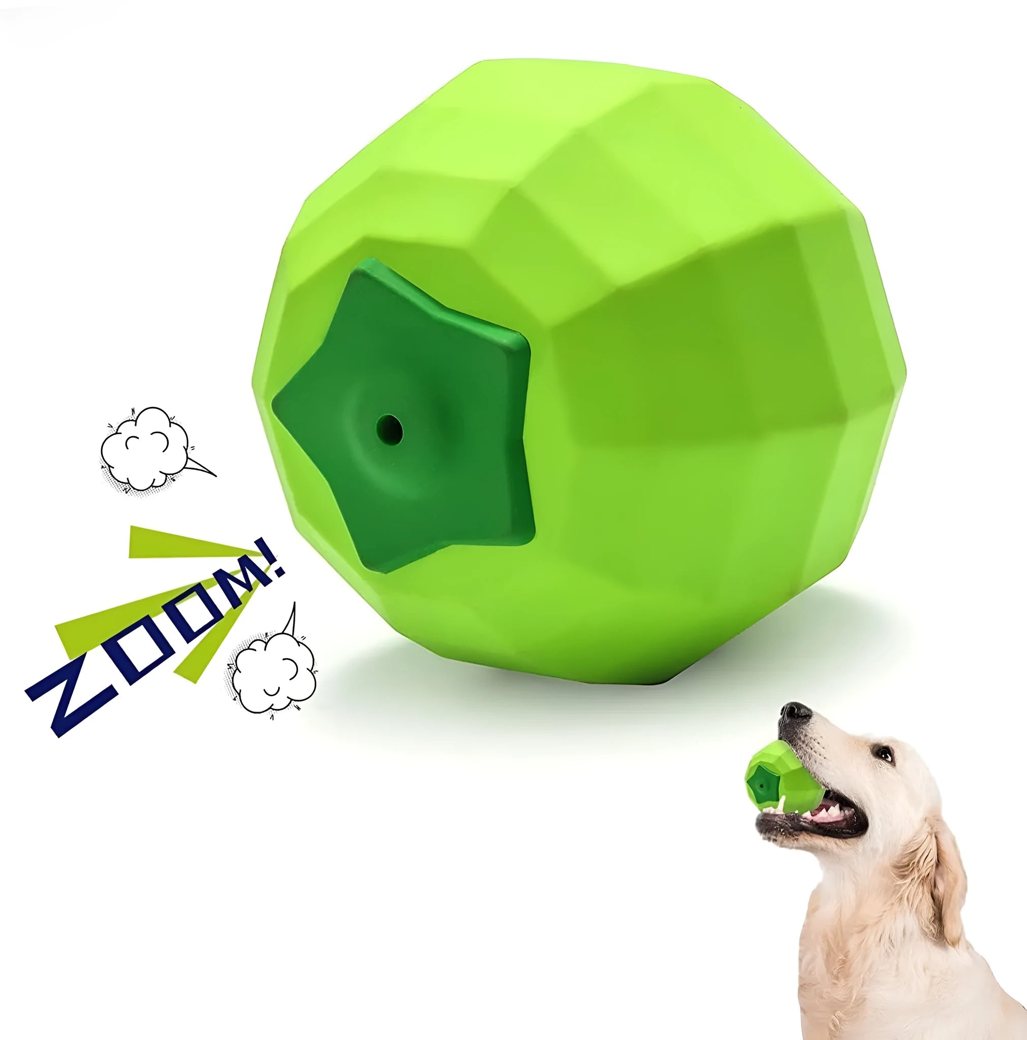 Green natural rubber squeaky dog chew ball for large aggressive chewers on a white background.