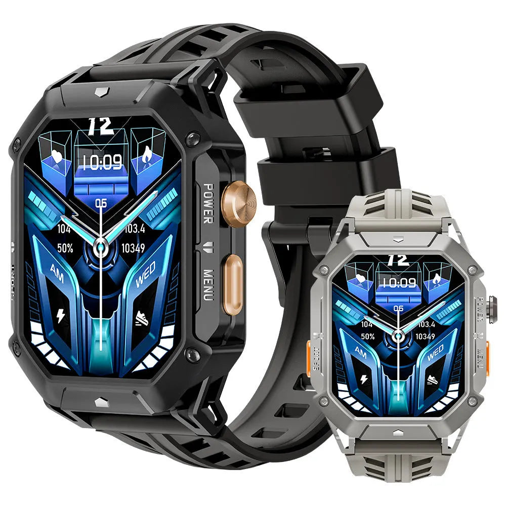 Smart watch with Bluetooth calling and gas compass in black, showing touch-button operation and IPS screen