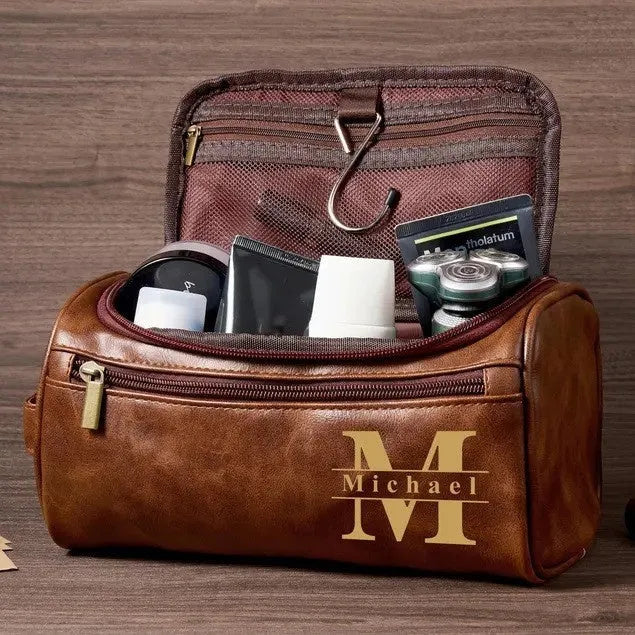 Men's personalised PU leather travel bag in black, light brown, brown, or dark brown colour