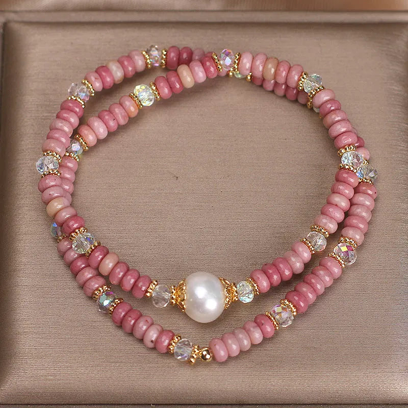 Natural red rhodochrosite and imitation pearl bracelet with chalcedony lotus seedpod pendant for women